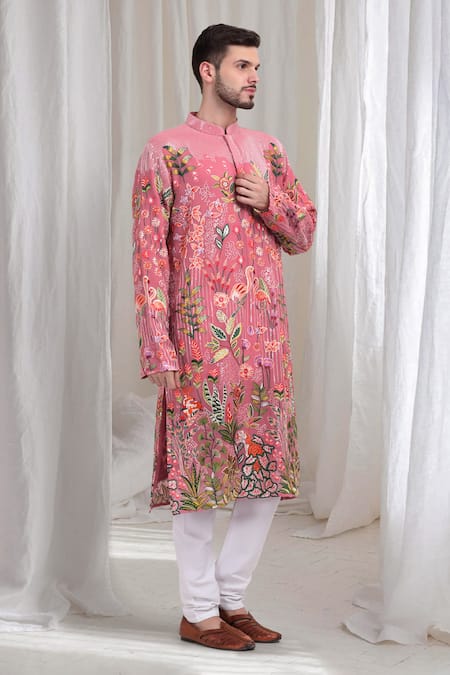 Shop_Aham-Vayam_Pink Cotton Embroidery Varnika Kurta Churidar Set _Online_at_Aza_Fashions
