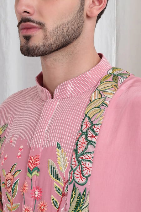 Aham-Vayam_Pink Cotton Embroidery Varnika Kurta Churidar Set _at_Aza_Fashions