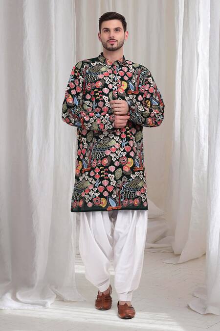 Buy_Aham-Vayam_Emerald Green Cotton Embroidery Phoolvan Kurta Patiala Set _Online_at_Aza_Fashions
