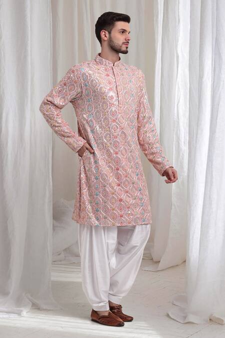 Shop Aham-Vayam Pink Cotton Sequins, Embroidery Samaroh Kurta Patiala Set Online at Aza Fashions Shop_Aham-Vayam_Pink Cotton Sequins, Embroidery Samaroh Kurta Patiala Set _Online_at_Aza_Fashions