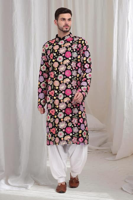 Buy_Aham-Vayam_Black Cotton Embroidery Pushpvilaas Kurta Patiala Set _Online_at_Aza_Fashions