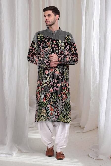 Buy_Aham-Vayam_Black Cotton Embroidery Varnika Kurta Patiala Set _Online_at_Aza_Fashions