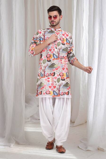 Shop_Aham-Vayam_Multi Color Cotton Embroidery Mrignayani Kurta Patiala Set _Online_at_Aza_Fashions
