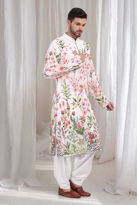 Shop Aham-Vayam White Cotton Embroidery Varnika Nature Kurta Patiala Set Online at Aza Fashions Shop_Aham-Vayam_White Cotton Embroidery Varnika Nature Kurta Patiala Set _Online_at_Aza_Fashions