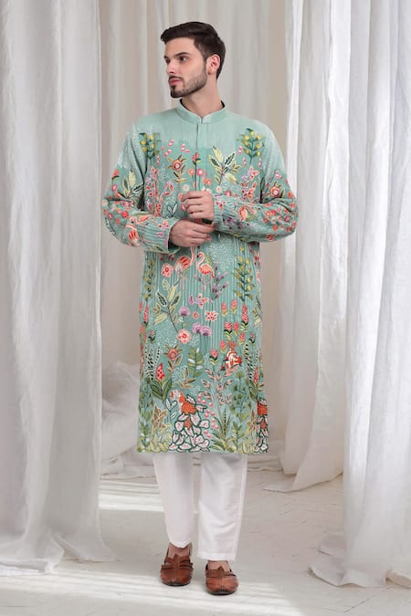 Buy Aham-Vayam Green Cotton Embroidery Varnika Kurta Pant Set Online at Aza Fashions Buy_Aham-Vayam_Green Cotton Embroidery Varnika Kurta Pant Set _Online_at_Aza_Fashions