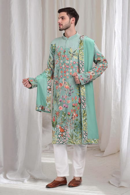Aham-Vayam Green Cotton Embroidery Varnika Kurta Pant Set at Aza Fashions Aham-Vayam_Green Cotton Embroidery Varnika Kurta Pant Set _at_Aza_Fashions