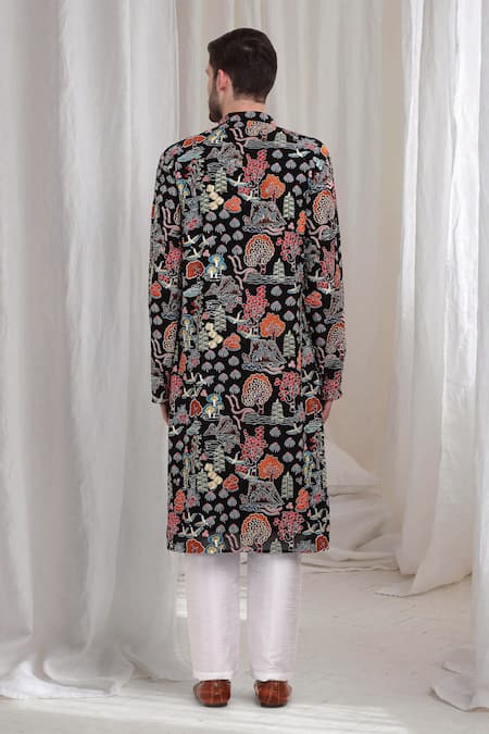 Shop_Aham-Vayam_Black Cotton Embroidery Tarnam Kurta Pant Set _at_Aza_Fashions