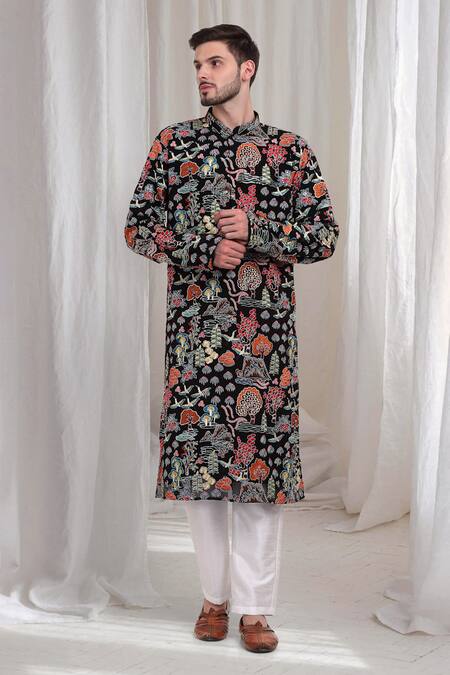 Buy_Aham-Vayam_Black Cotton Embroidery Tarnam Kurta Pant Set _Online_at_Aza_Fashions