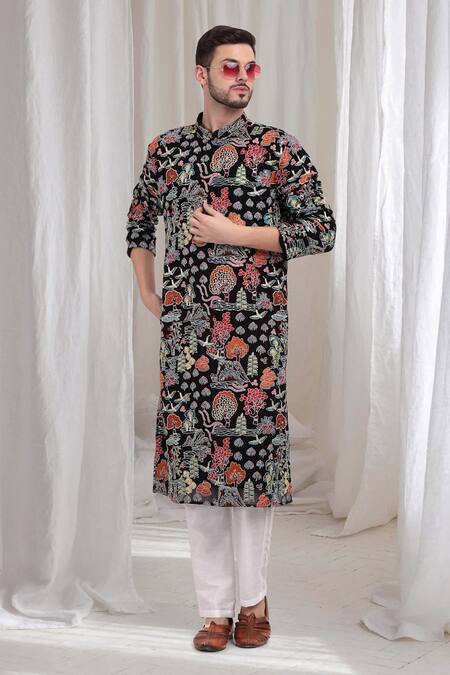 Shop_Aham-Vayam_Black Cotton Embroidery Tarnam Kurta Pant Set _Online_at_Aza_Fashions