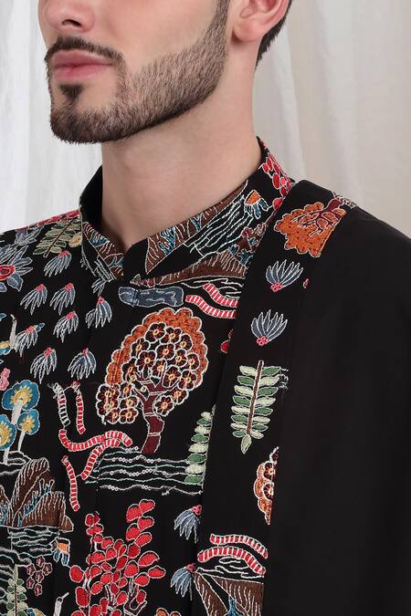 Aham-Vayam_Black Cotton Embroidery Tarnam Kurta Pant Set _at_Aza_Fashions