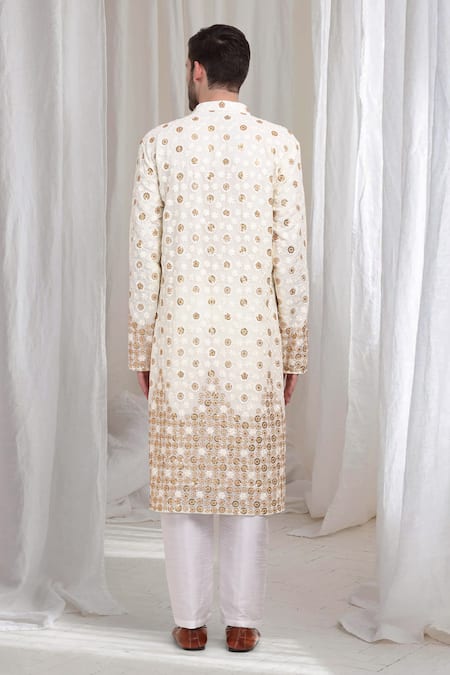 Shop Aham-Vayam Ivory Cotton, Silk Embroidery Swarna Pushp Kurta Pant Set at Aza Fashions Shop_Aham-Vayam_Ivory Cotton, Silk Embroidery Swarna Pushp Kurta Pant Set _at_Aza_Fashions