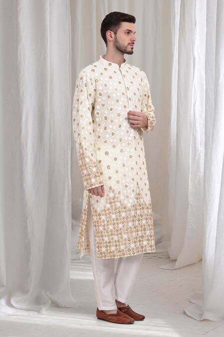 Shop Aham-Vayam Ivory Cotton, Silk Embroidery Swarna Pushp Kurta Pant Set Online at Aza Fashions Shop_Aham-Vayam_Ivory Cotton, Silk Embroidery Swarna Pushp Kurta Pant Set _Online_at_Aza_Fashions