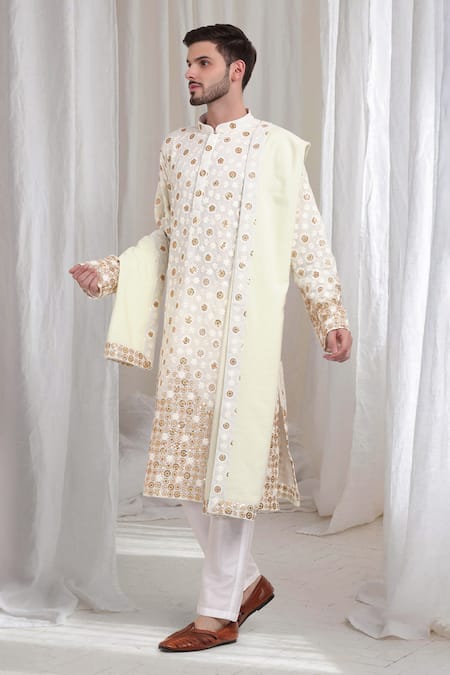 Aham-Vayam Ivory Cotton, Silk Embroidery Swarna Pushp Kurta Pant Set at Aza Fashions Aham-Vayam_Ivory Cotton, Silk Embroidery Swarna Pushp Kurta Pant Set _at_Aza_Fashions