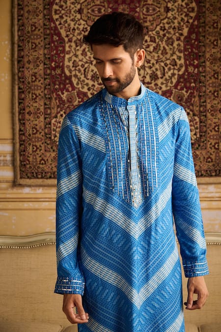 Shop Diyarajvvir Blue Denim, Silk Mirrors, Embroidery Chevron Print Kurta And Pant Set at Aza Fashions Shop_Diyarajvvir_Blue Denim, Silk Mirrors, Embroidery Chevron Print Kurta And Pant Set _at_Aza_Fashions