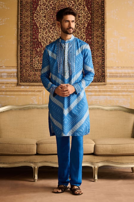 Diyarajvvir Blue Denim Mirrors, Embroidery Chevron Print Bundi Kurta Set Online at Aza Fashions Diyarajvvir_Blue Denim Mirrors, Embroidery Chevron Print Bundi Kurta Set _Online_at_Aza_Fashions