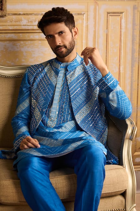 Diyarajvvir Blue Denim Mirrors, Embroidery Chevron Print Bundi Kurta Set at Aza Fashions Diyarajvvir_Blue Denim Mirrors, Embroidery Chevron Print Bundi Kurta Set _at_Aza_Fashions