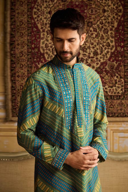 Shop Diyarajvvir Blue Denim, Linen Mirrors, Embroidery And Thread Kurta & Pant Set at Aza Fashions Shop_Diyarajvvir_Blue Denim, Linen Mirrors, Embroidery And Thread Kurta & Pant Set _at_Aza_Fashions