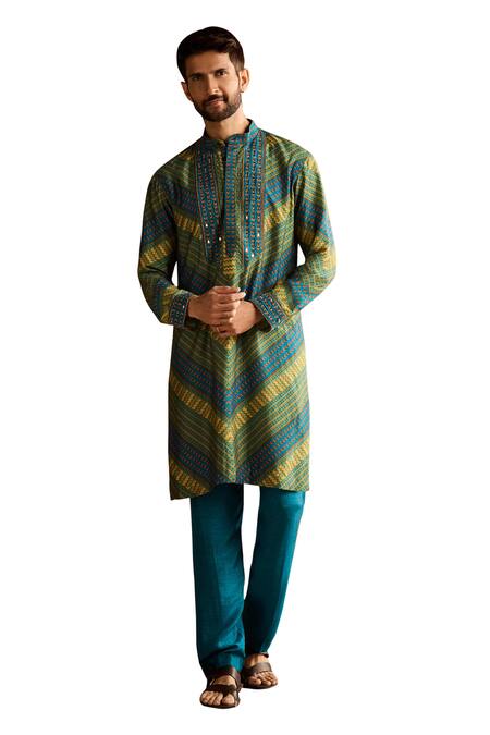 Buy Diyarajvvir Blue Denim, Linen Mirrors, Embroidery And Thread Kurta & Pant Set Online at Aza Fashions Buy_Diyarajvvir_Blue Denim, Linen Mirrors, Embroidery And Thread Kurta & Pant Set _Online_at_Aza_Fashions