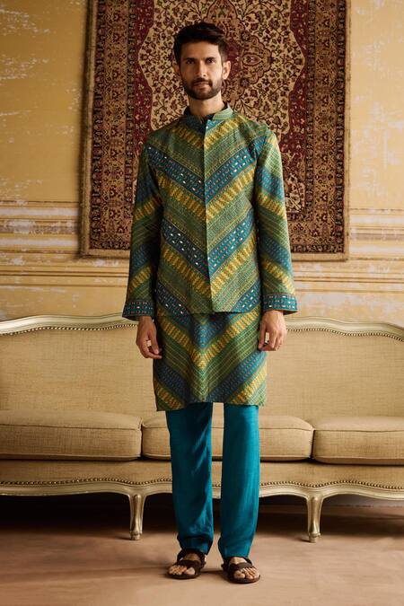 Diyarajvvir_Blue Denim, Linen Mirrors, Embroidery And Thread Bundi Kurta Set _Online_at_Aza_Fashions