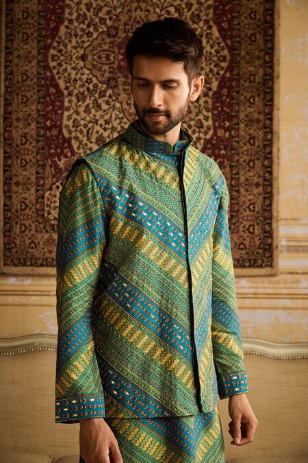 Shop_Diyarajvvir_Blue Denim, Linen Mirrors, Embroidery And Thread Bundi Kurta Set _Online_at_Aza_Fashions