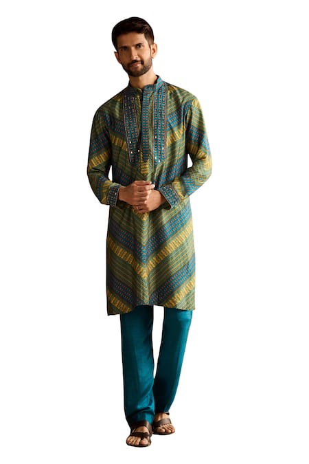 Diyarajvvir_Blue Denim, Linen Mirrors, Embroidery And Thread Bundi Kurta Set _at_Aza_Fashions