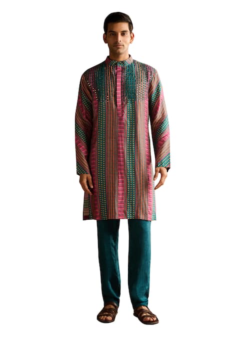 Shop_Diyarajvvir_Fuchsia Denim Mirrors Stripe Print Kurta And Pant Set _Online_at_Aza_Fashions