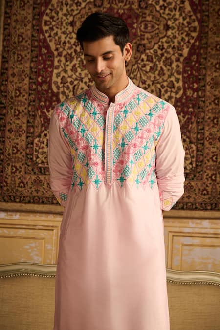 Shop Diyarajvvir Pink Cotton, Silk Cut Work, Embroidery Cutdana And Thread Kurta & Pant Set Online at Aza Fashions Shop_Diyarajvvir_Pink Cotton, Silk Cut Work, Embroidery Cutdana And Thread Kurta & Pant Set _Online_at_Aza_Fashions