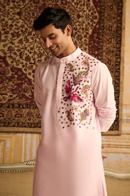 Shop Diyarajvvir Pink Cotton, Silk Embroidery Cosmic Floral Kurta And Pant Set at Aza Fashions Shop_Diyarajvvir_Pink Cotton, Silk Embroidery Cosmic Floral Kurta And Pant Set _at_Aza_Fashions