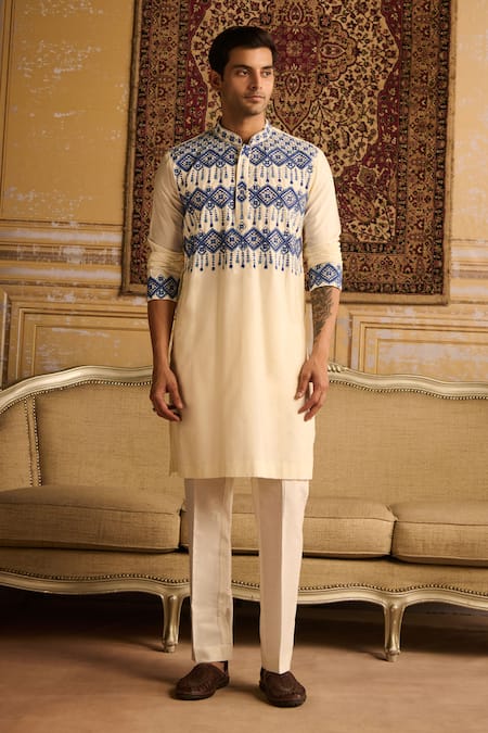 Diyarajvvir Ivory Cotton, Silk Embroidery Geometric Thread Kurta And Pant Set Online at Aza Fashions Diyarajvvir_Ivory Cotton, Silk Embroidery Geometric Thread Kurta And Pant Set _Online_at_Aza_Fashions