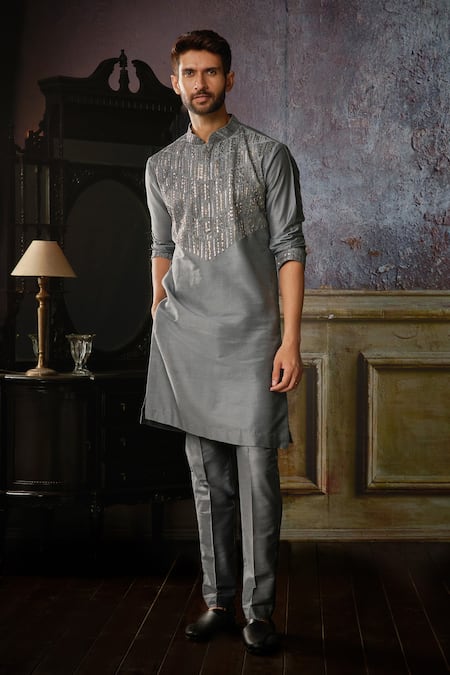 DiyaRajvvir Gunmetal Embroidered Kurta & Pant Set 