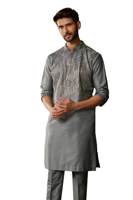 Diyarajvvir Grey Cotton, Silk, Linen Embroidery Gunmetal Kurta And Pant Set Online at Aza Fashions Diyarajvvir_Grey Cotton, Silk, Linen Embroidery Gunmetal Kurta And Pant Set _Online_at_Aza_Fashions