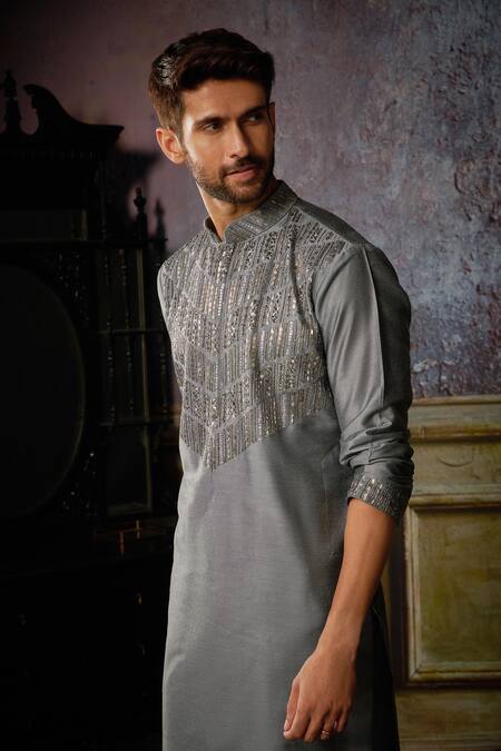 Shop Diyarajvvir Grey Cotton, Silk, Linen Embroidery Gunmetal Kurta And Pant Set Online at Aza Fashions Shop_Diyarajvvir_Grey Cotton, Silk, Linen Embroidery Gunmetal Kurta And Pant Set _Online_at_Aza_Fashions