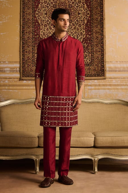 Shop Diyarajvvir Maroon Cotton, Silk, Linen Mirrors Embroidered Kurta And Pant Set at Aza Fashions Shop_Diyarajvvir_Maroon Cotton, Silk, Linen Mirrors Embroidered Kurta And Pant Set _at_Aza_Fashions