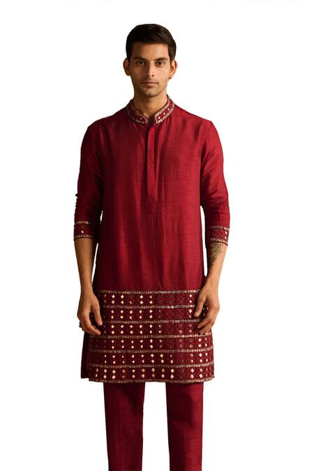Diyarajvvir Maroon Cotton, Silk, Linen Mirrors Embroidered Kurta And Pant Set Online at Aza Fashions Diyarajvvir_Maroon Cotton, Silk, Linen Mirrors Embroidered Kurta And Pant Set _Online_at_Aza_Fashions