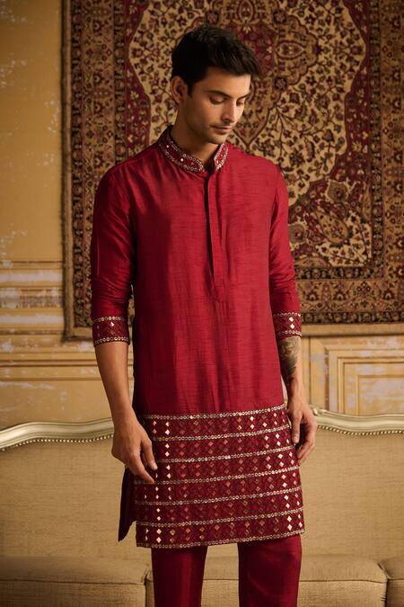 Shop Diyarajvvir Maroon Cotton, Silk, Linen Mirrors Embroidered Kurta And Pant Set Online at Aza Fashions Shop_Diyarajvvir_Maroon Cotton, Silk, Linen Mirrors Embroidered Kurta And Pant Set _Online_at_Aza_Fashions