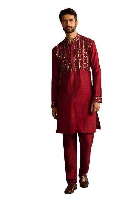 Diyarajvvir Maroon Cotton, Silk, Linen Mirrors Work Kurta And Pant Set Online at Aza Fashions Diyarajvvir_Maroon Cotton, Silk, Linen Mirrors Work Kurta And Pant Set _Online_at_Aza_Fashions