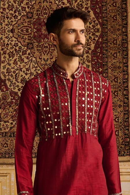 Shop Diyarajvvir Maroon Cotton, Silk, Linen Mirrors Work Kurta And Pant Set Online at Aza Fashions Shop_Diyarajvvir_Maroon Cotton, Silk, Linen Mirrors Work Kurta And Pant Set _Online_at_Aza_Fashions