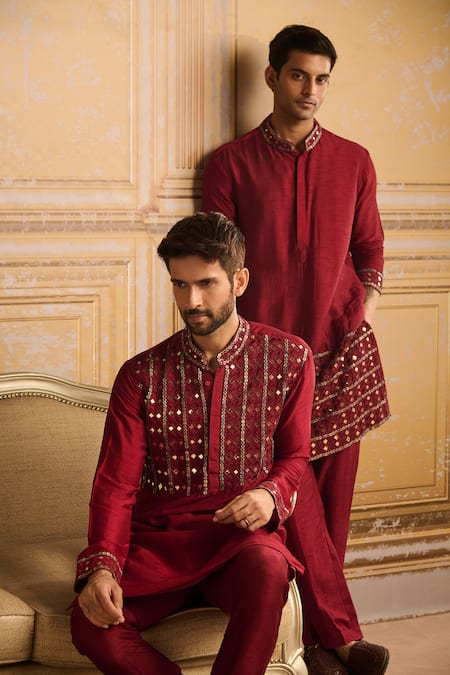 Diyarajvvir Maroon Cotton, Silk, Linen Mirrors Work Kurta And Pant Set at Aza Fashions Diyarajvvir_Maroon Cotton, Silk, Linen Mirrors Work Kurta And Pant Set _at_Aza_Fashions
