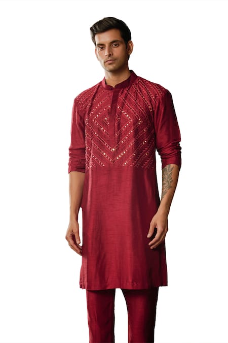 Shop Diyarajvvir Maroon Cotton, Silk Mirrors, Embroidery Thread Work Kurta And Pant Set Online at Aza Fashions Shop_Diyarajvvir_Maroon Cotton, Silk Mirrors, Embroidery Thread Work Kurta And Pant Set _Online_at_Aza_Fashions