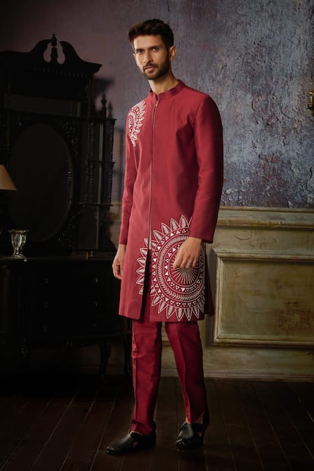 Shop Diyarajvvir Maroon Cotton, Silk Embroidery, Mirrors Thread Kurta And Pant Set at Aza Fashions Shop_Diyarajvvir_Maroon Cotton, Silk Embroidery, Mirrors Thread Kurta And Pant Set _at_Aza_Fashions