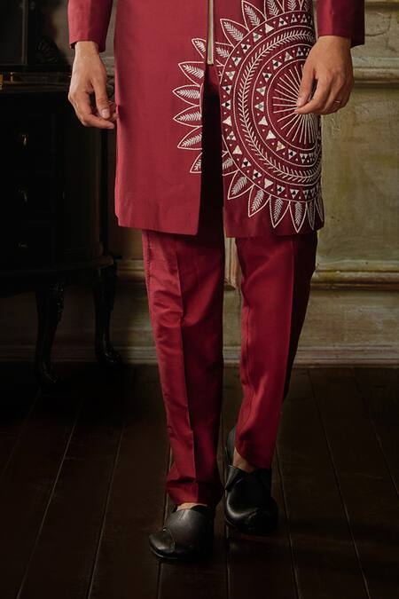 Diyarajvvir Maroon Cotton, Silk Embroidery, Mirrors Thread Kurta And Pant Set Online at Aza Fashions Diyarajvvir_Maroon Cotton, Silk Embroidery, Mirrors Thread Kurta And Pant Set _Online_at_Aza_Fashions