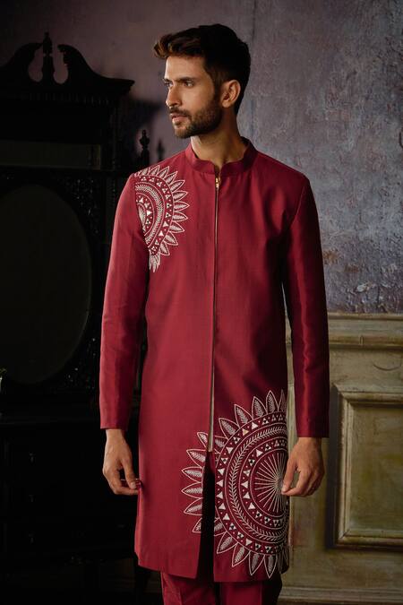 Shop Diyarajvvir Maroon Cotton, Silk Embroidery, Mirrors Thread Kurta And Pant Set Online at Aza Fashions Shop_Diyarajvvir_Maroon Cotton, Silk Embroidery, Mirrors Thread Kurta And Pant Set _Online_at_Aza_Fashions