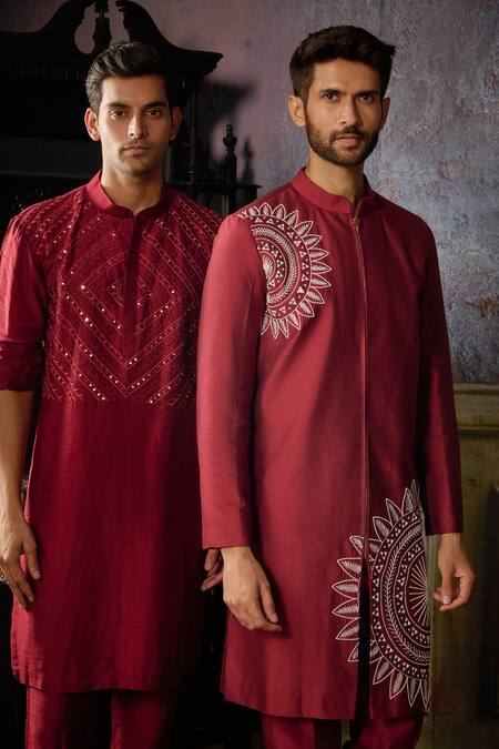 Diyarajvvir Maroon Cotton, Silk Embroidery, Mirrors Thread Kurta And Pant Set at Aza Fashions Diyarajvvir_Maroon Cotton, Silk Embroidery, Mirrors Thread Kurta And Pant Set _at_Aza_Fashions