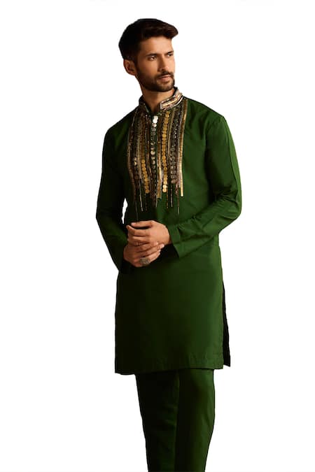 Buy Diyarajvvir Green Cotton, Silk Embroidery Tribal Rustic Kurta And Pant Set Online at Aza Fashions Buy_Diyarajvvir_Green Cotton, Silk Embroidery Tribal Rustic Kurta And Pant Set _Online_at_Aza_Fashions