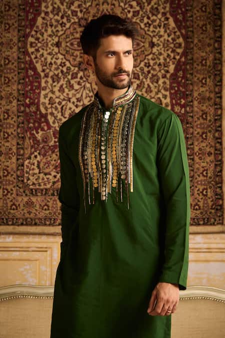 Shop Diyarajvvir Green Cotton, Silk Embroidery Tribal Rustic Kurta And Pant Set Online at Aza Fashions Shop_Diyarajvvir_Green Cotton, Silk Embroidery Tribal Rustic Kurta And Pant Set _Online_at_Aza_Fashions