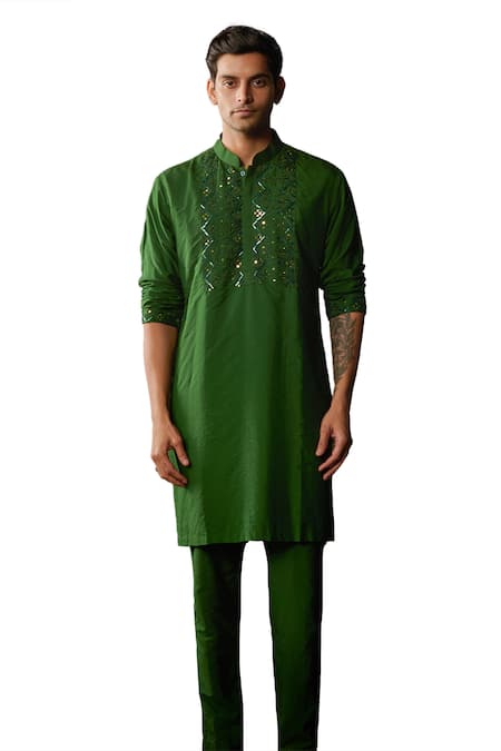 Diyarajvvir Green Cotton, Silk Embroidery Yoke Kurta And Pant Set Online at Aza Fashions Diyarajvvir_Green Cotton, Silk Embroidery Yoke Kurta And Pant Set _Online_at_Aza_Fashions