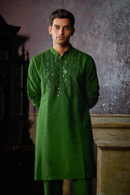 Shop Diyarajvvir Green Cotton, Silk Embroidery Yoke Kurta And Pant Set Online at Aza Fashions Shop_Diyarajvvir_Green Cotton, Silk Embroidery Yoke Kurta And Pant Set _Online_at_Aza_Fashions