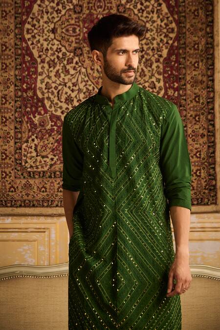 Shop Diyarajvvir Green Cotton, Silk Mirrors, Embroidery Thread And Kurta & Pant Set Online at Aza Fashions Shop_Diyarajvvir_Green Cotton, Silk Mirrors, Embroidery Thread And Kurta & Pant Set _Online_at_Aza_Fashions