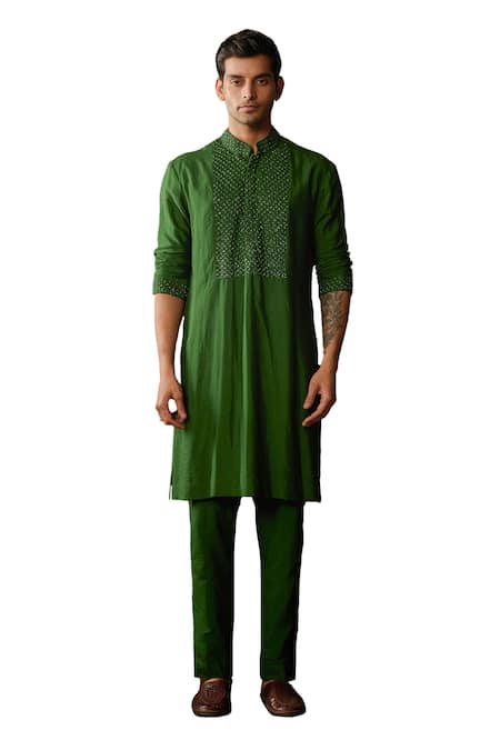 Diyarajvvir_Green Cotton, Silk, Linen Embroidery, Cut Work Cutdana Yoke Kurta And Pant Set _Online_at_Aza_Fashions