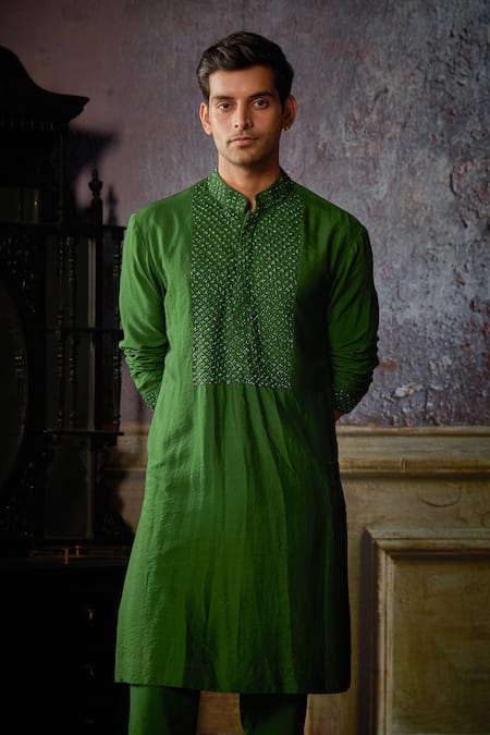 Shop_Diyarajvvir_Green Cotton, Silk, Linen Embroidery, Cut Work Cutdana Yoke Kurta And Pant Set _Online_at_Aza_Fashions